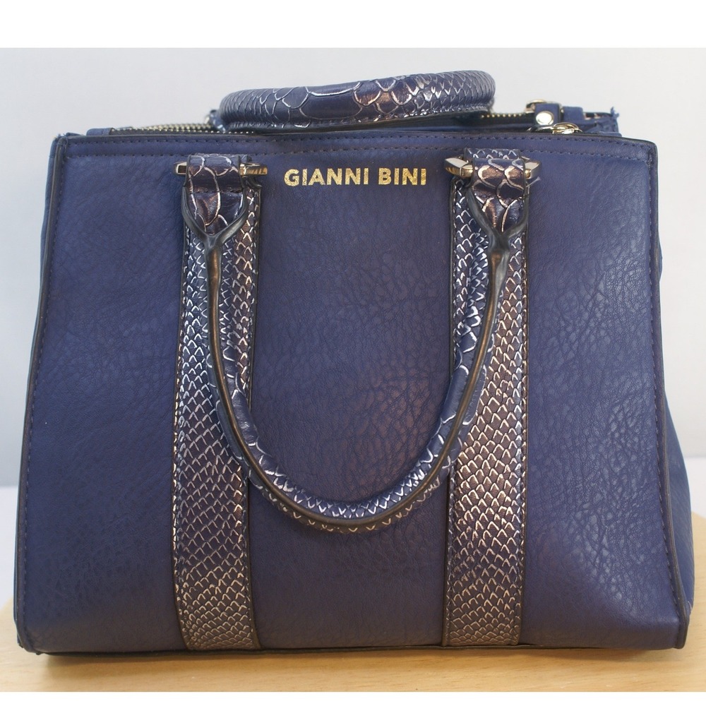 Gianni Bini Navy Blue Snakeskin Embossed Satchel Handbag Gold‎ Hardware Tassel